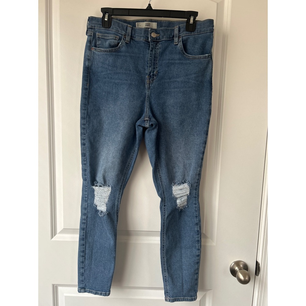 Topshop Moto Jamie Skinny Jeans Blue Ripped Knee High Waisted W34 L30 Distressed